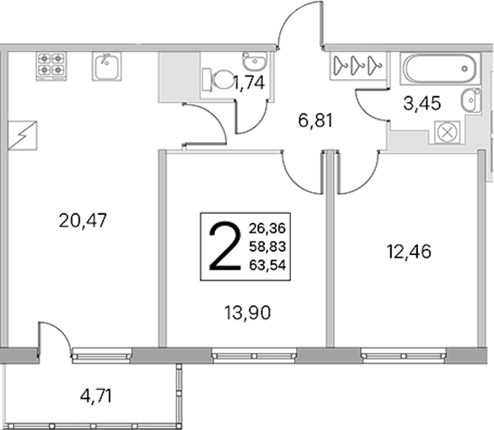 2-комнатная квартира 58.83 м², 3/5 эт., ЖК «ЮгТаун. Олимпийские кварталы»